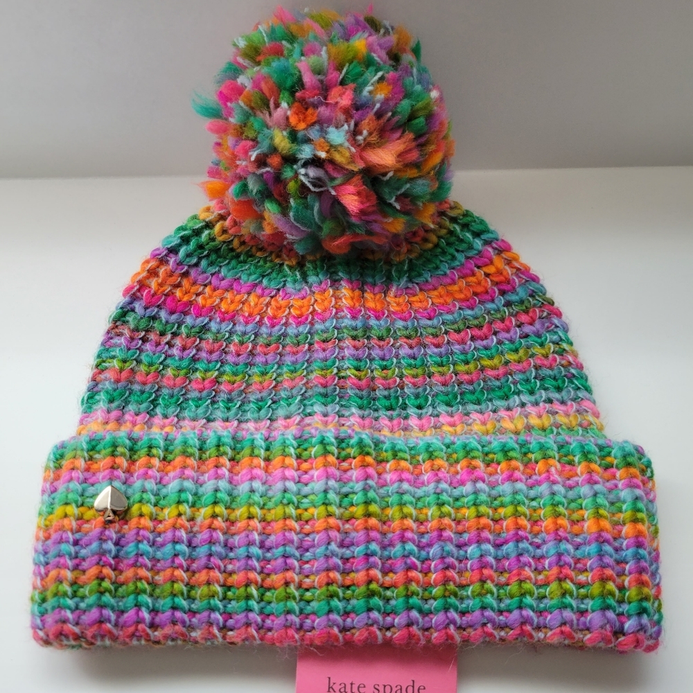 KATE SPADE RAINBOW KNIT STRIPED BEANIE WITH POM NWT